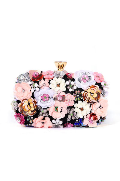 Black Floral Embellished Clutch Bag With Gold Details