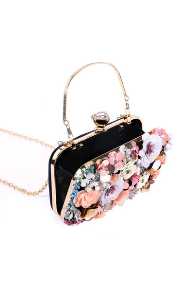 Black Floral Embellished Clutch Bag With Gold Details