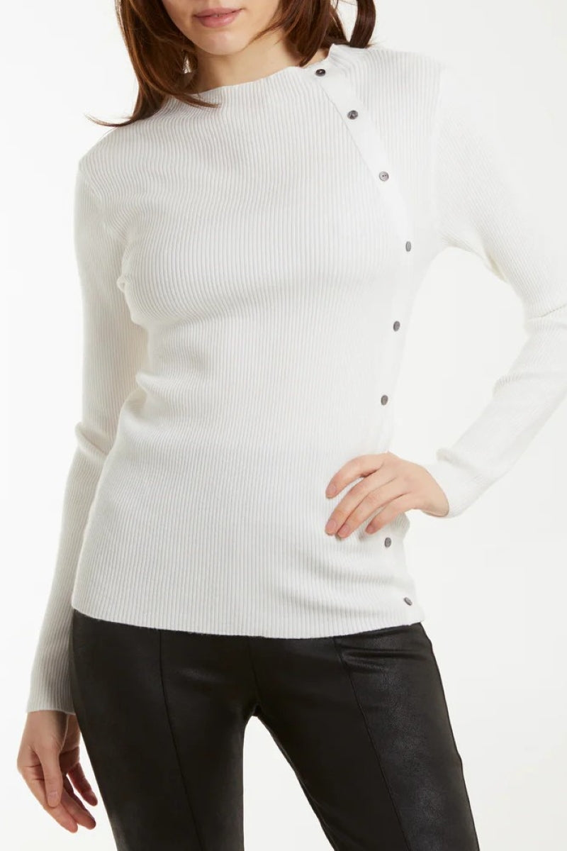 Cream Button Detail Slash Neck Ribbed Jumper