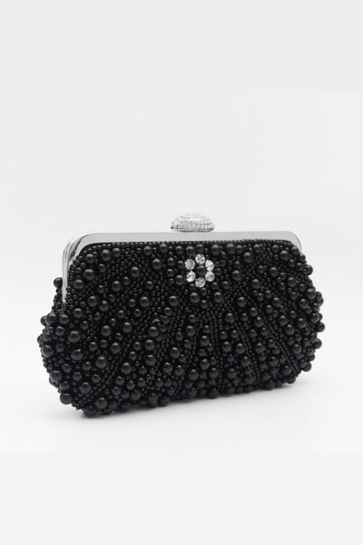 Black Pearl And Crystal Clutch Bag With Silver Details