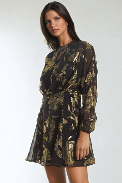 Black Gold Keyhole Foil Floral Detail Mini Dress