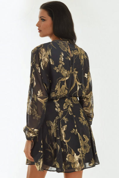 Black Gold Keyhole Foil Floral Detail Mini Dress