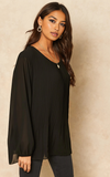 Black Long Sleeve Pleated Blouse