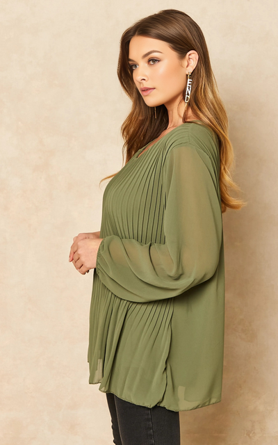 Khaki Long Sleeve Pleated Blouse