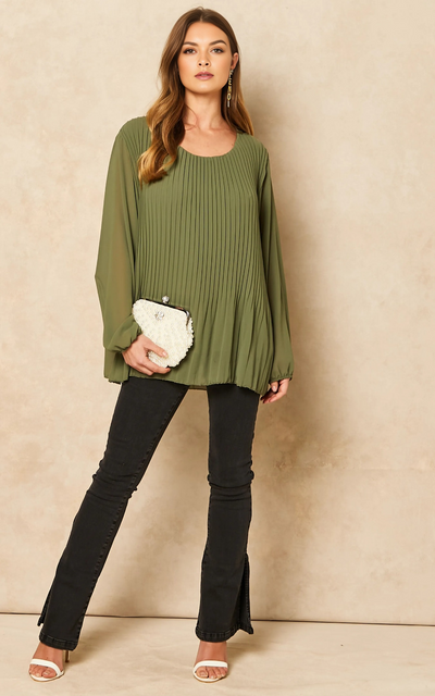 Khaki Long Sleeve Pleated Blouse