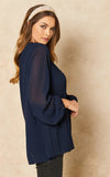 Navy Long Sleeve Pleated Blouse