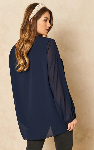 Navy Long Sleeve Pleated Blouse