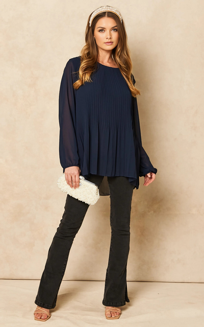 Navy Long Sleeve Pleated Blouse