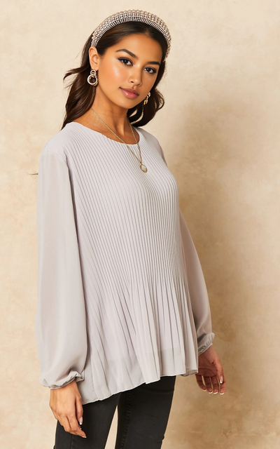 Silver Grey Long Sleeve Pleated Blouse