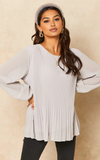 Silver Grey Long Sleeve Pleated Blouse