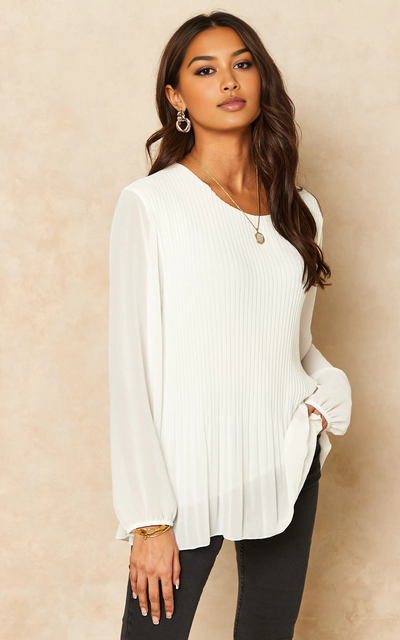 White Long Sleeve Pleated Blouse