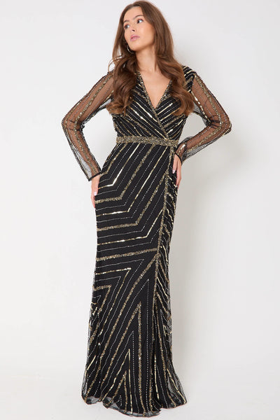 Black And Gold Long Sleeve Embellished Maxi Dress