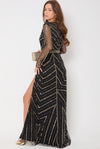 Black And Gold Long Sleeve Embellished Maxi Dress