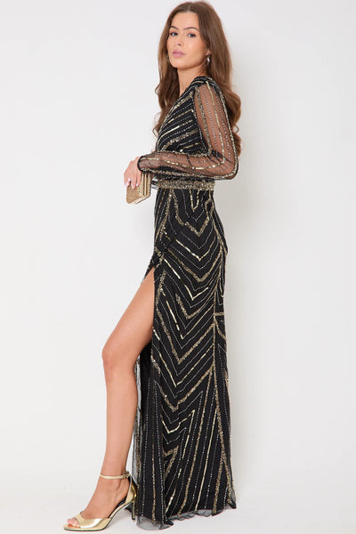 Black And Gold Long Sleeve Embellished Maxi Dress