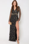 Black And Gold Long Sleeve Embellished Maxi Dress