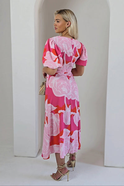 Pink Floral Short Puff Sleeve Midi Dress