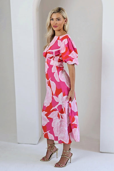 Pink Floral Short Puff Sleeve Midi Dress