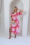 Pink Floral Short Puff Sleeve Midi Dress