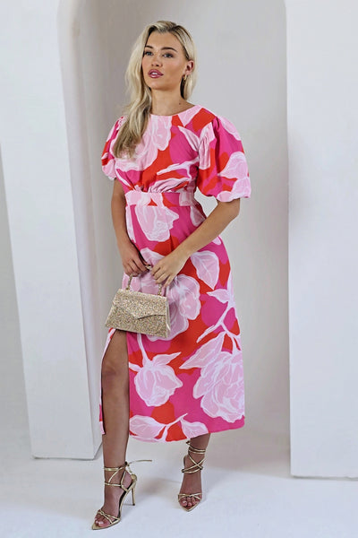 Pink Floral Short Puff Sleeve Midi Dress