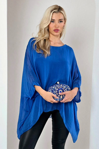 Royal Blue Silk Batwing Sleeve Top Blouse