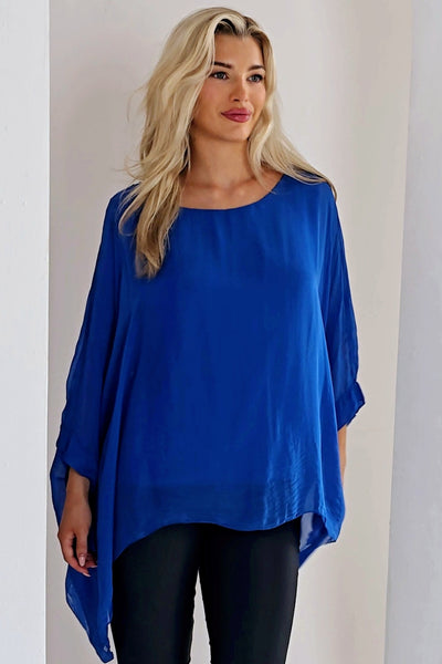 Royal Blue Silk Batwing Sleeve Top Blouse