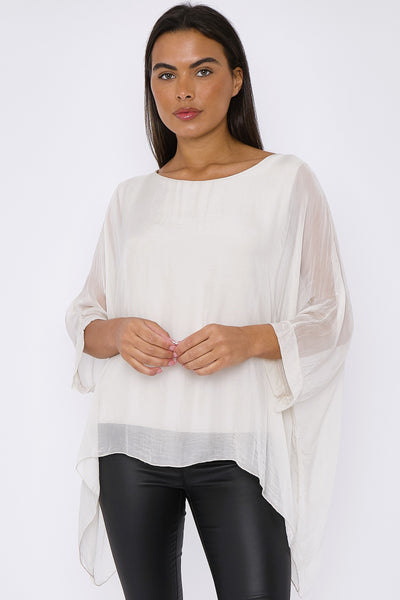 Beige Silk Batwing Sleeve Top Blouse