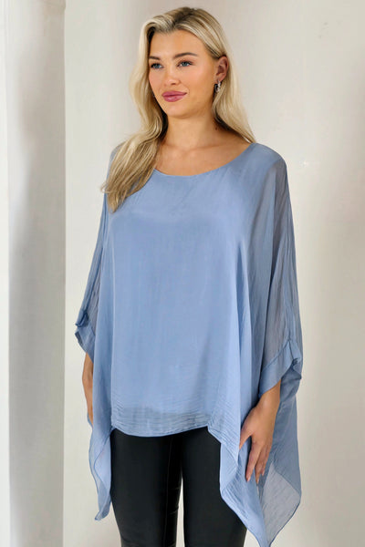 Denim Blue Silk Batwing Sleeve Top Blouse