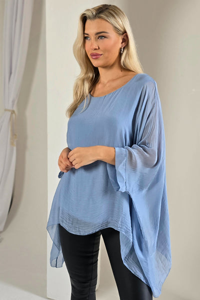 Denim Blue Silk Batwing Sleeve Top Blouse