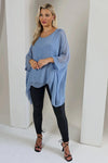 Denim Blue Silk Batwing Sleeve Top Blouse