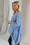 Denim Blue Silk Batwing Sleeve Top Blouse