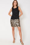 Black Gold Sequin Mini Dress With Leopard Trim