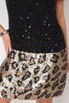 Black Gold Sequin Mini Dress With Leopard Trim