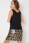 Black Gold Sequin Mini Dress With Leopard Trim