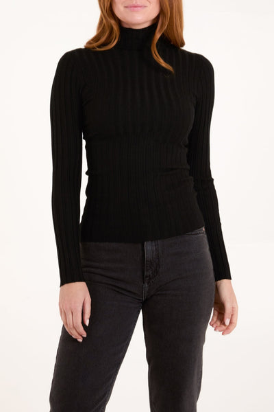 Black Ribbed Roll Neck Jumper