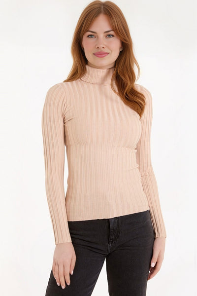 Camel Ribbed Roll Neck Jumper