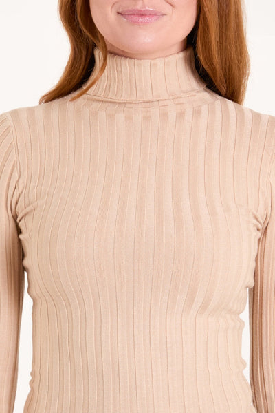 Camel Ribbed Roll Neck Jumper