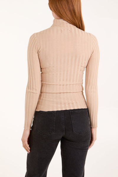 Camel Ribbed Roll Neck Jumper