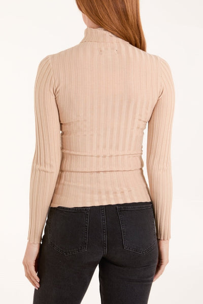 Camel Ribbed Roll Neck Jumper