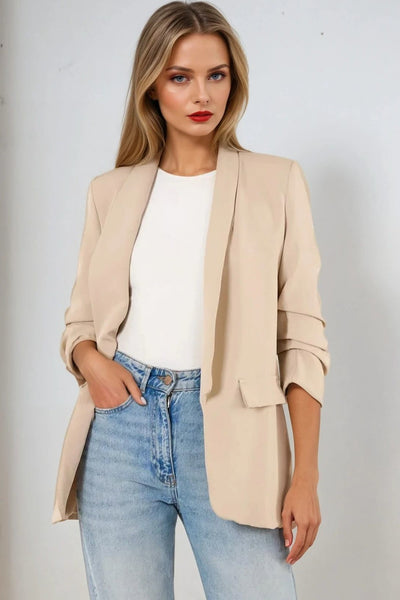 Beige Blazer with Ruched Sleeves