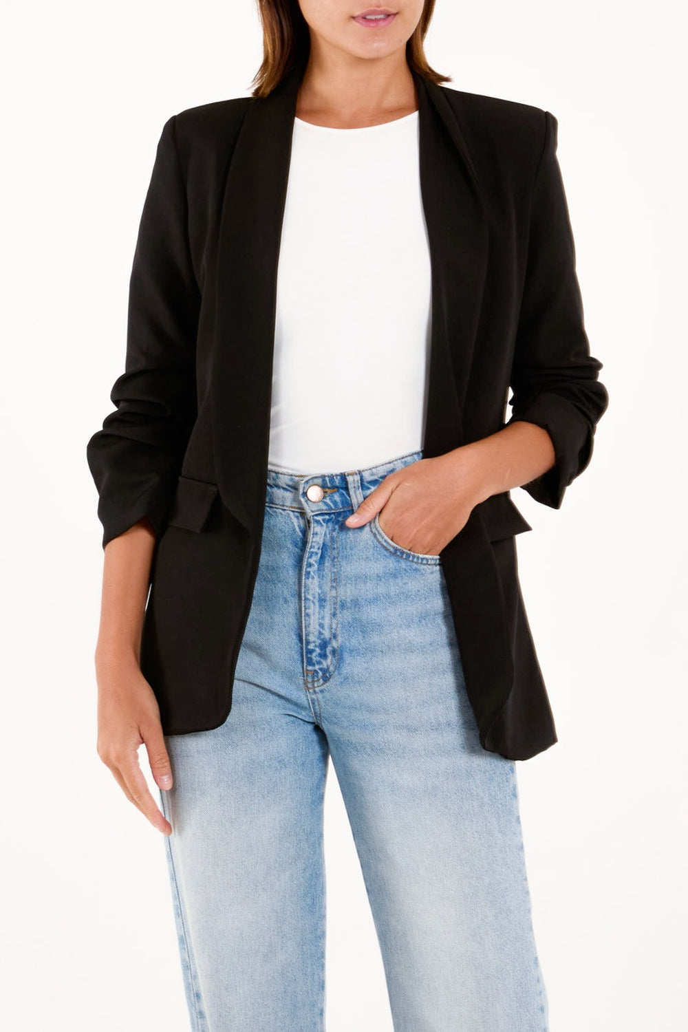 Black Blazer with Ruched Sleeves