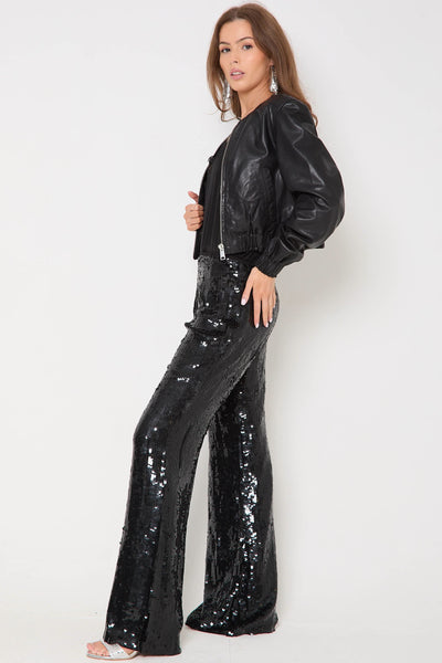 Black Sequin Wide Leg Trousers