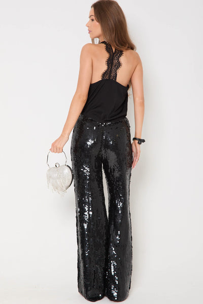 Black Sequin Wide Leg Trousers