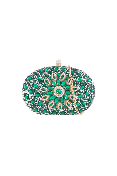 Green Embellished Clutch Bag with Gold Details