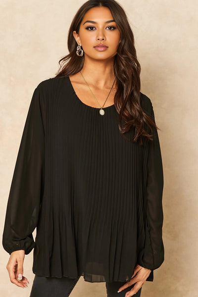 Black Long Sleeve Pleated Blouse