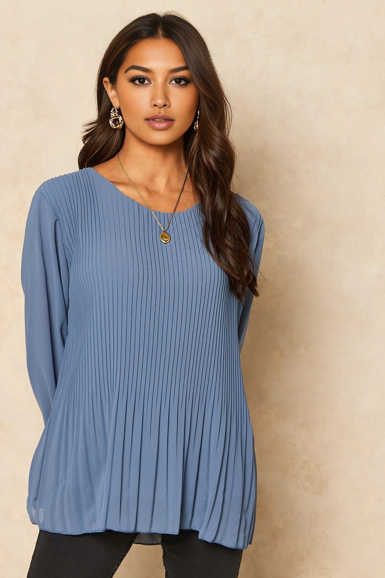 Denim Blue Long Sleeve Pleated Blouse