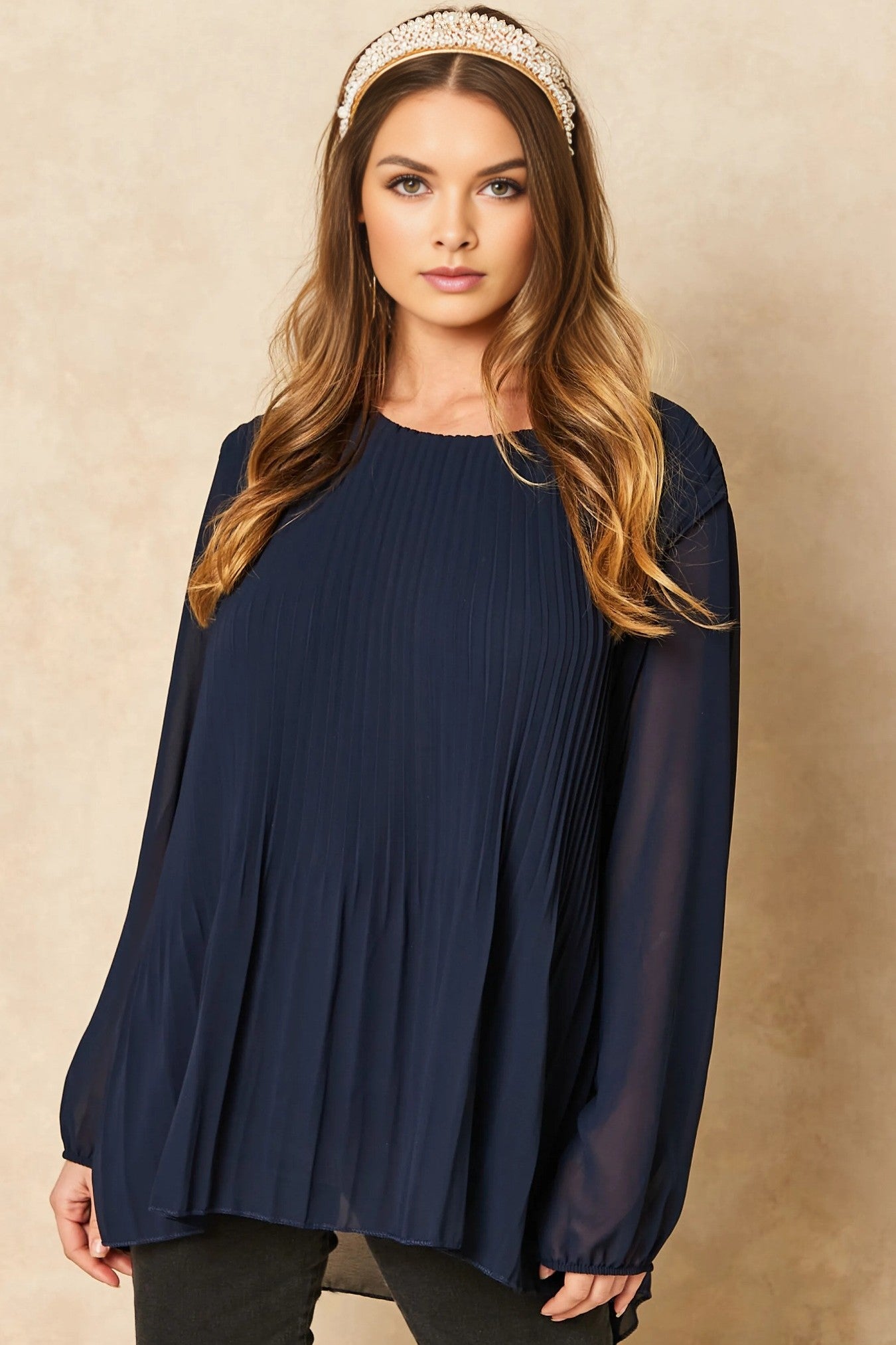 Navy Long Sleeve Pleated Blouse