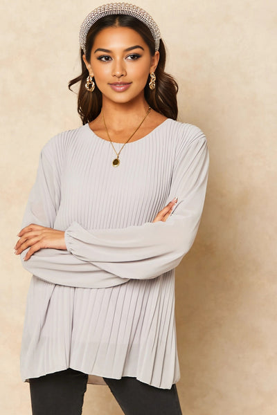 Silver Grey Long Sleeve Pleated Blouse