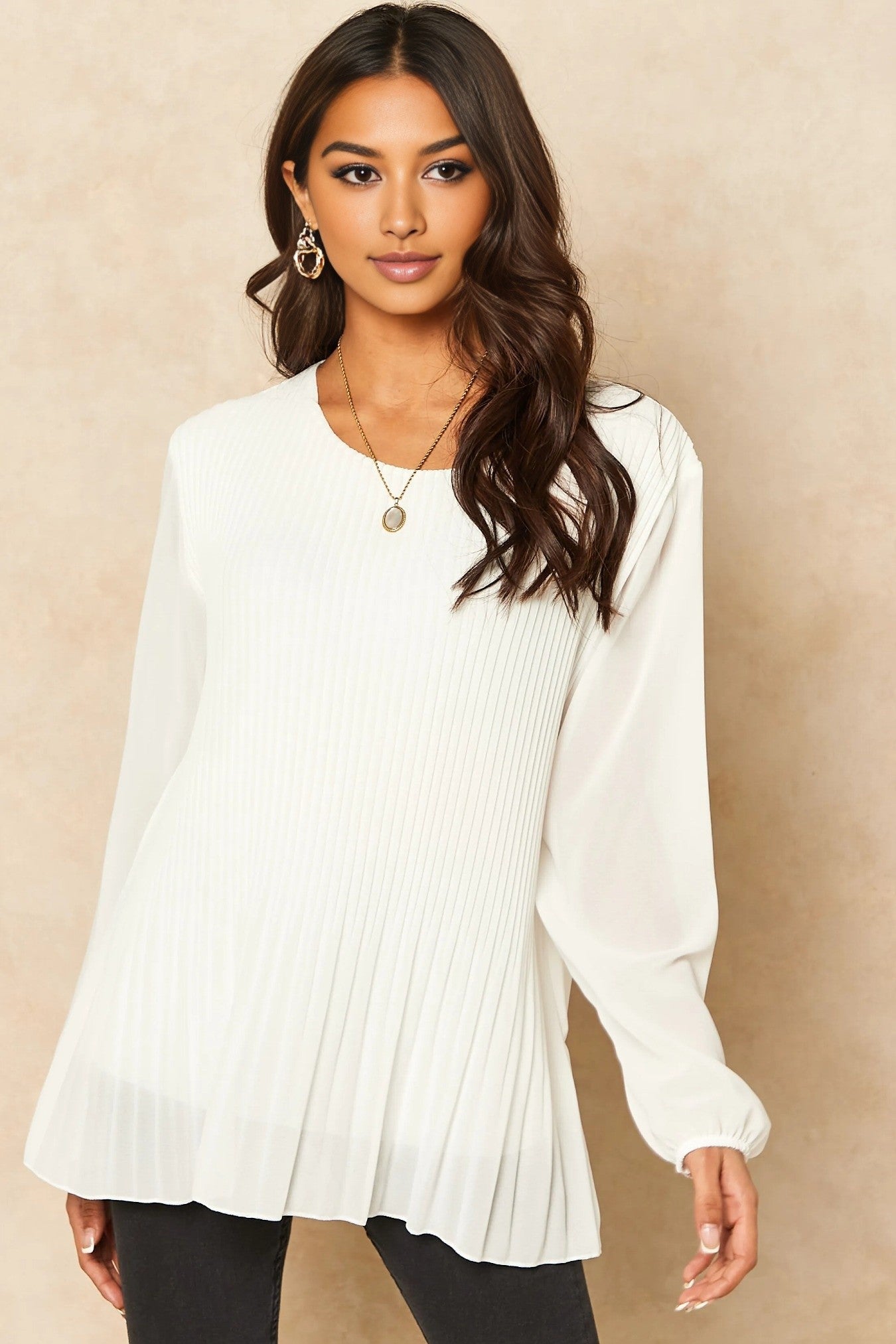 White Long Sleeve Pleated Blouse