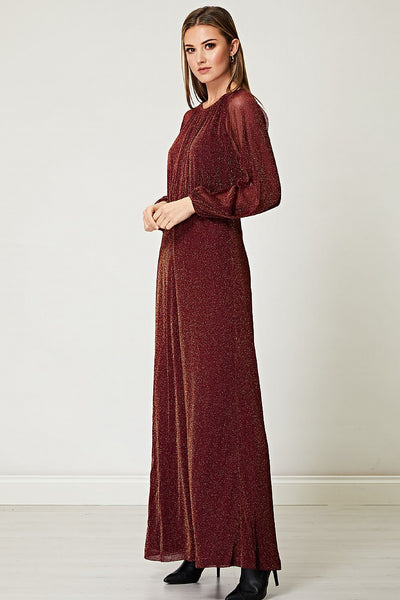 Wine Sparkly Chiffon Long Sleeve Maxi Dress