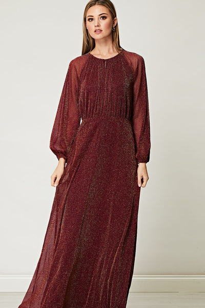 Wine Sparkly Chiffon Long Sleeve Maxi Dress